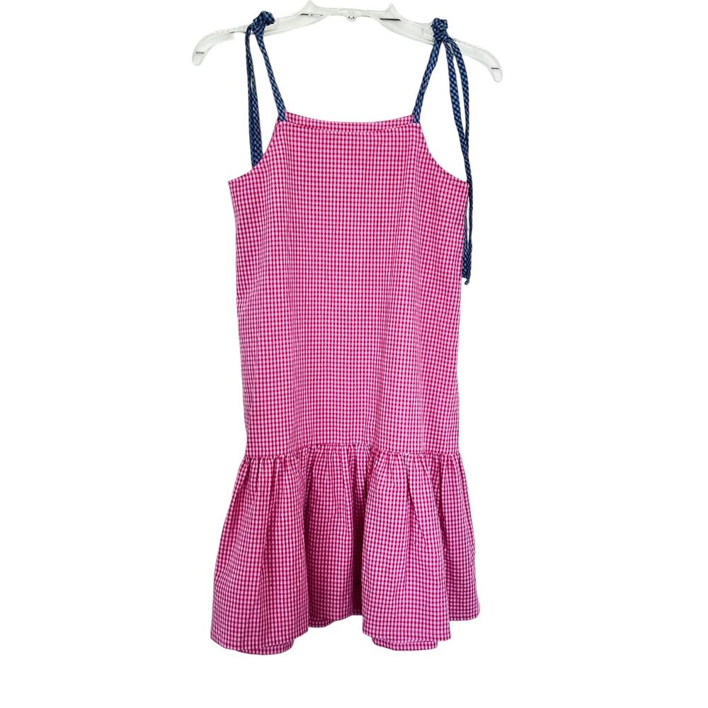 Hebe girls red gingham tiered sundress with blue shoulder ties 10/12